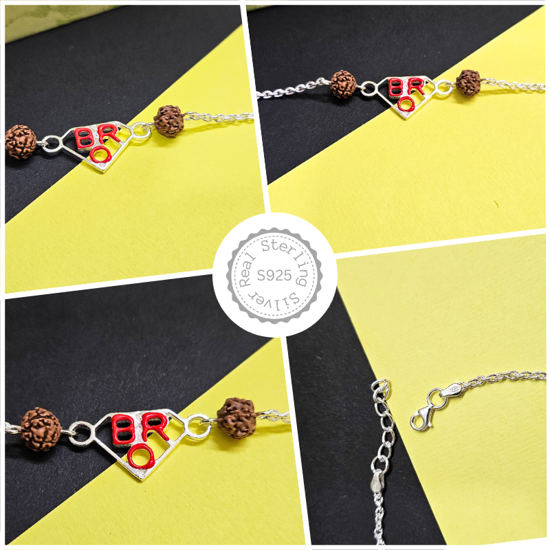 925 Silver BRO Rakhi with Chain Red